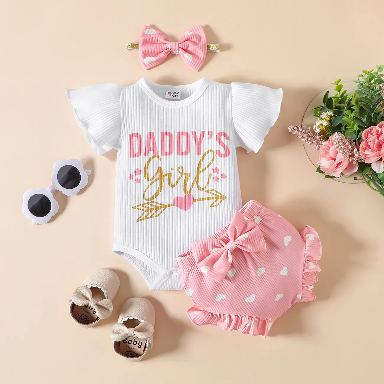 3pcs Baby Girl 95% Cotton Letter Print Ribbed Bodysuit and Shorts and Bow Headband Set Pink big image 1