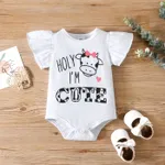 3pcs Baby Girl 95% Cotton Letter Graphic Flutter-sleeve Romper and Bow Front Shorts & Headband Set White image 3