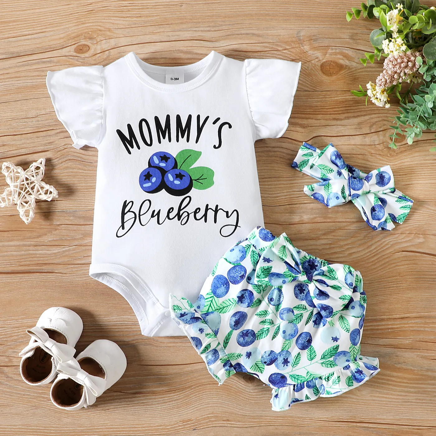 3pcs Baby Girl 95% Coton Blueberry Print Romper à Manches Courtes & Shorts & Bow Bandeau Set