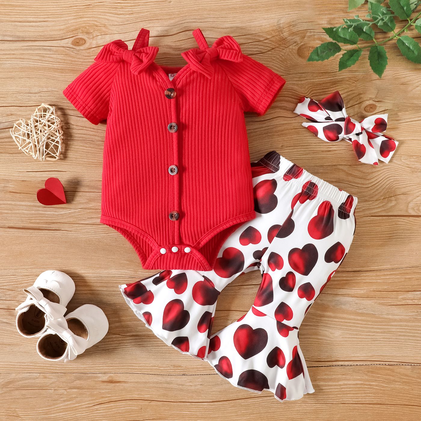3pcs Baby Girl 95% Cotton Button Up Ribbed Bodysuit & Heart Print Flared Pants & Headband Set