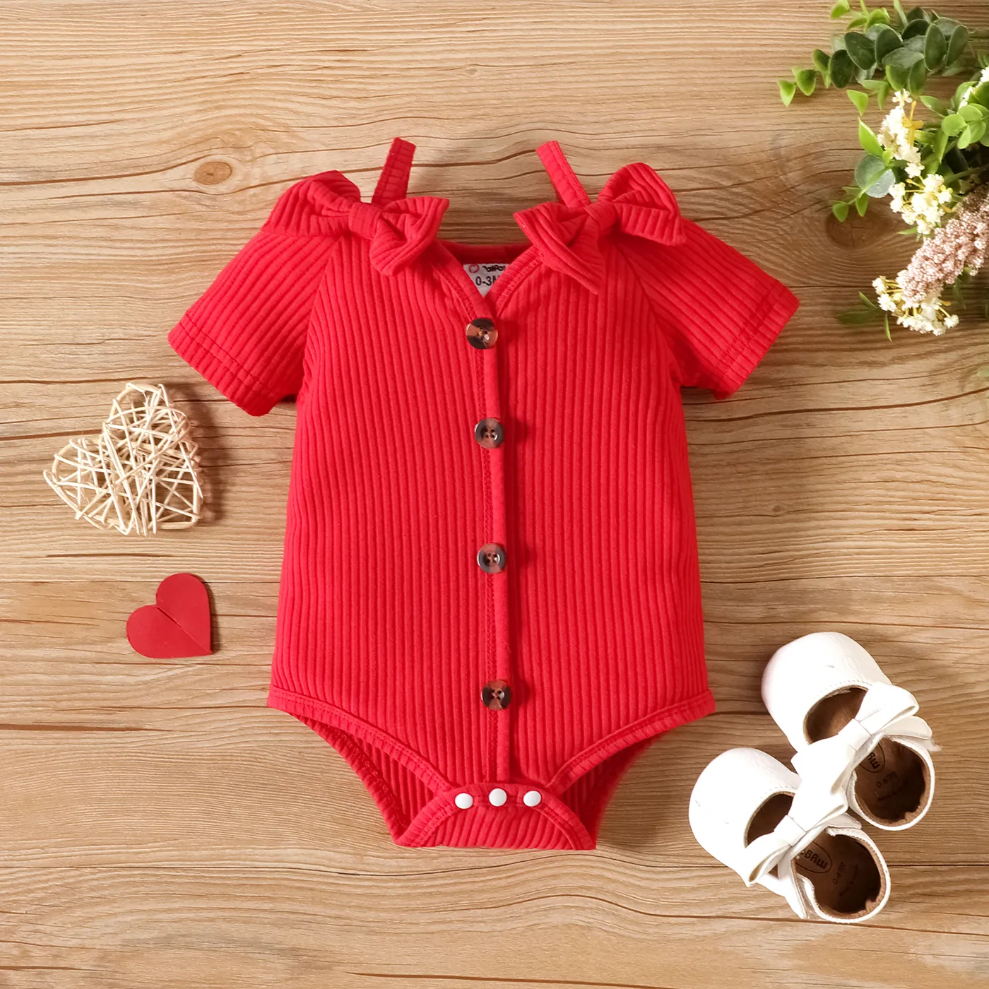 3pcs Baby Girl 95% Cotton Button Up Ribbed Bodysuit & Heart Print Flared Pants & Headband Set  image 3