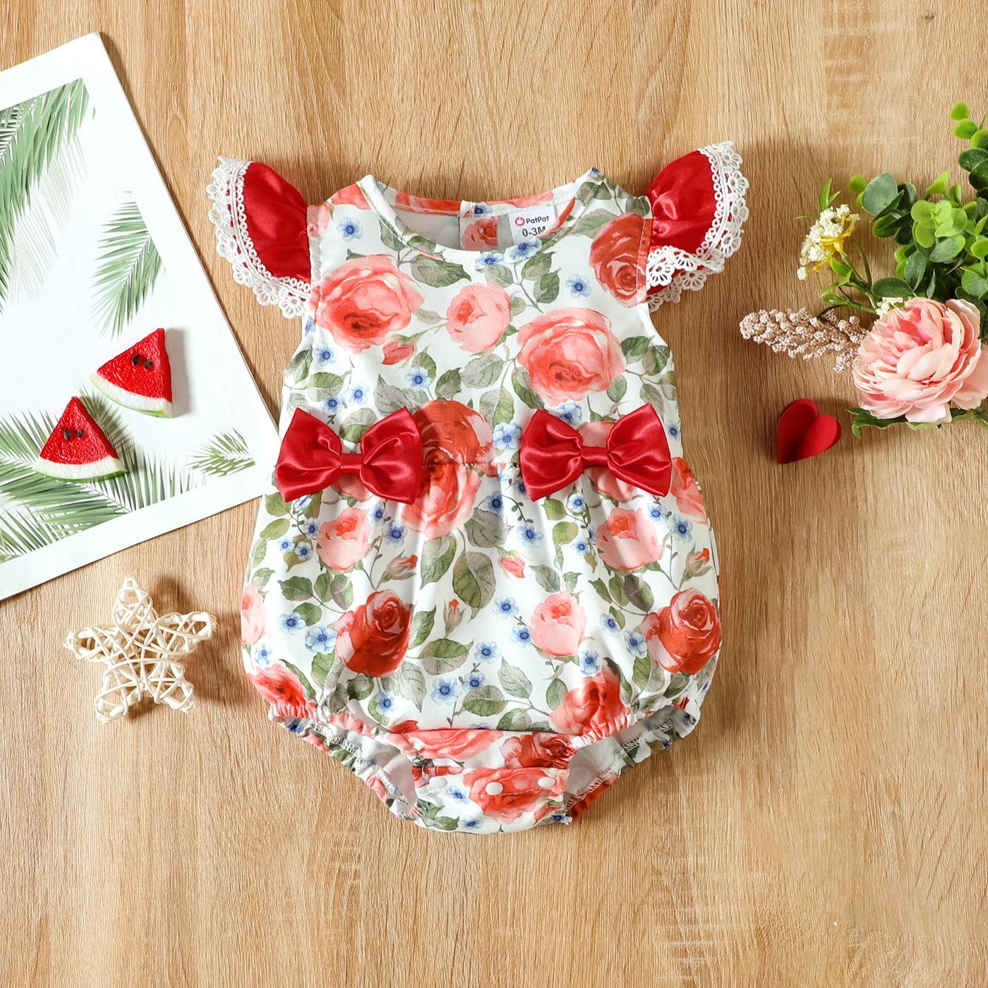 

Baby Girl Floral Print Bow Decor Flutter-sleeve Bodysuit