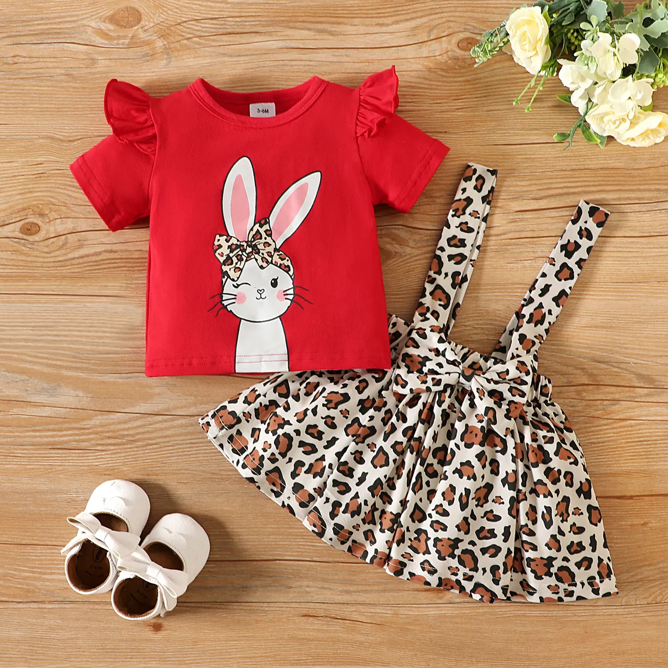 2pcs Baby Girl 95% Cotton Rabbit Print Ruffle Trim Short-sleeve Tee and Leopard Suspender Skirt Set  big image 1