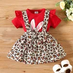 2pcs Baby Girl 95% Cotton Rabbit Print Ruffle Trim Short-sleeve Tee and Leopard Suspender Skirt Set  image 3