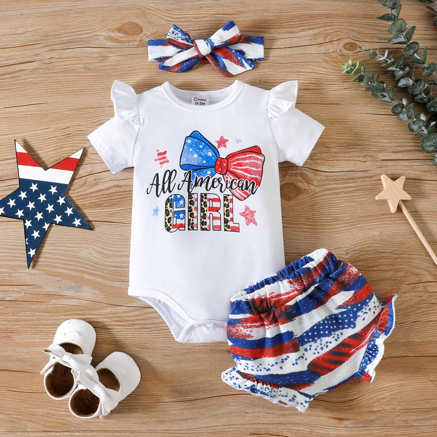 

Independence Day 3pcs Baby Girl 95% Cotton Graphics Ruffled Short-sleeve Bodysuit and Frill Trim Shorts and Headband Set