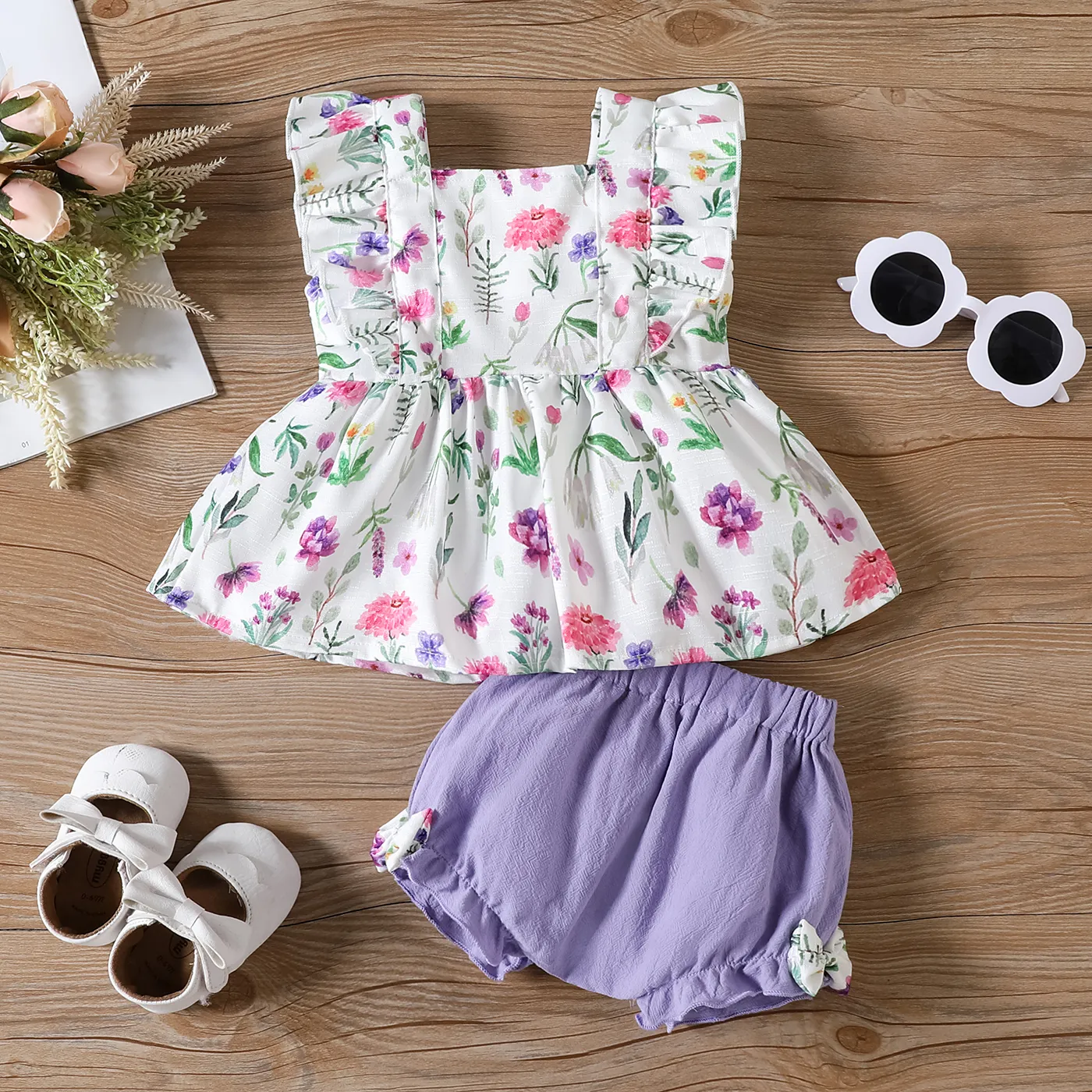 2pcs Baby Girl Floral Print Ruffled Top and 100% Cotton Bow Decor Ruffled Shorts Set Purple big image 1