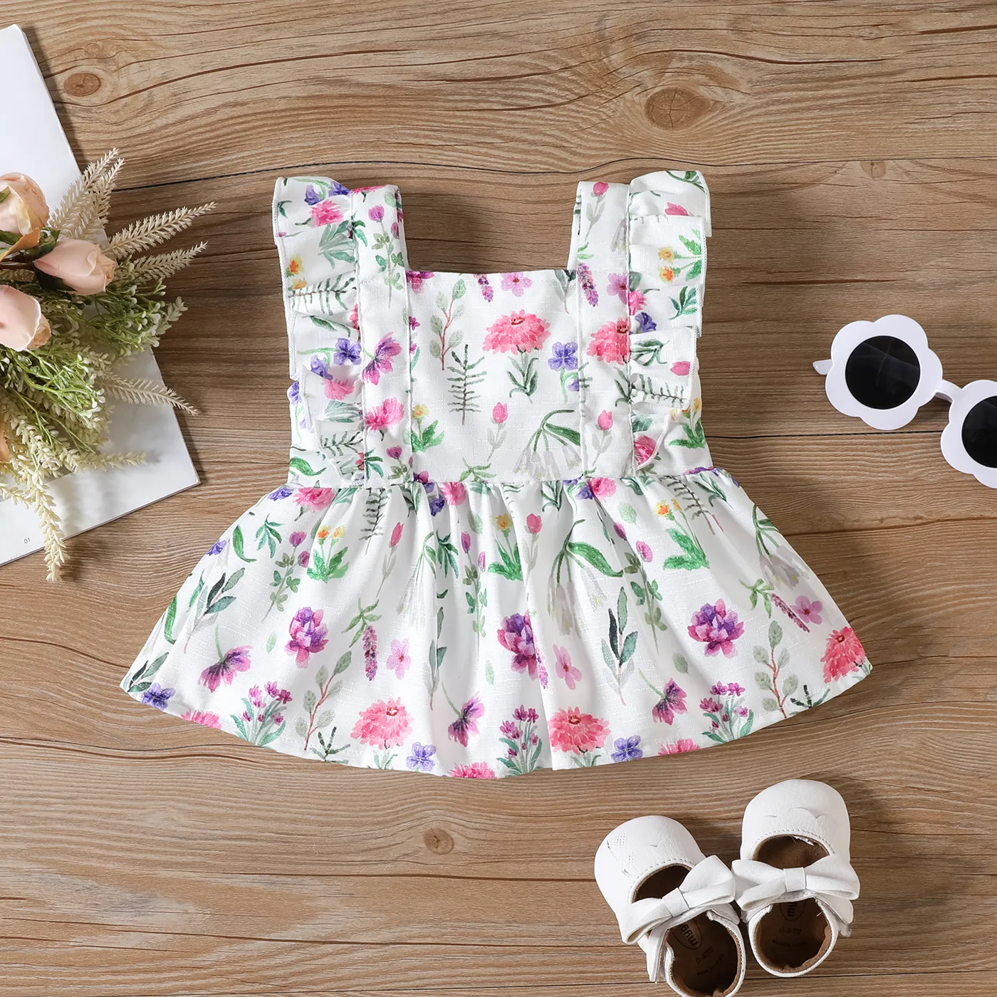 2pcs Baby Girl Floral Print Ruffled Top and 100% Cotton Bow Decor Ruffled Shorts Set Purple image 3