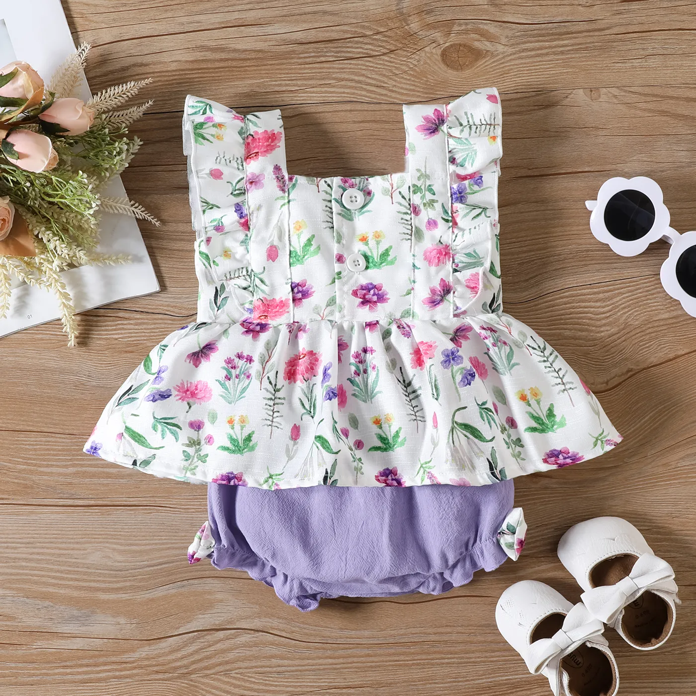 2pcs Baby Girl Floral Print Ruffled Top and 100% Cotton Bow Decor Ruffled Shorts Set Purple image 2