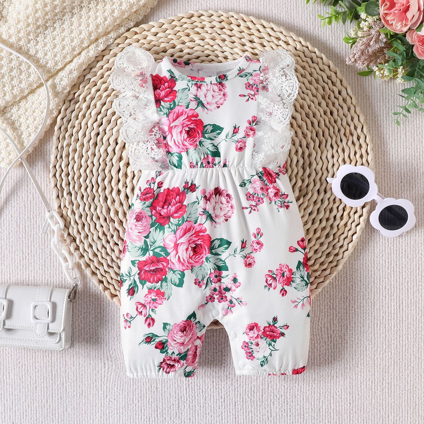 Baby Girl Allover Floral Print Lace Jumpsuit
