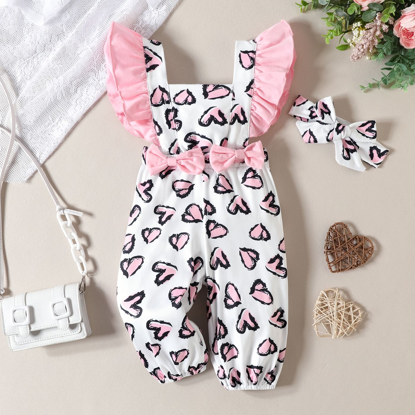 2pcs Baby Girl Ruffle Allover Heart Print Bow Decor Jumpsuit Et Bandeau