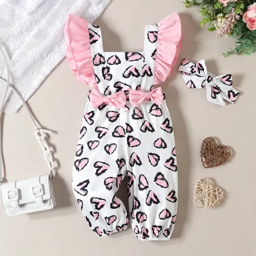 2pcs Baby Girl Ruffle Allover Heart Print Bow Decor Jumpsuit and Headband Set