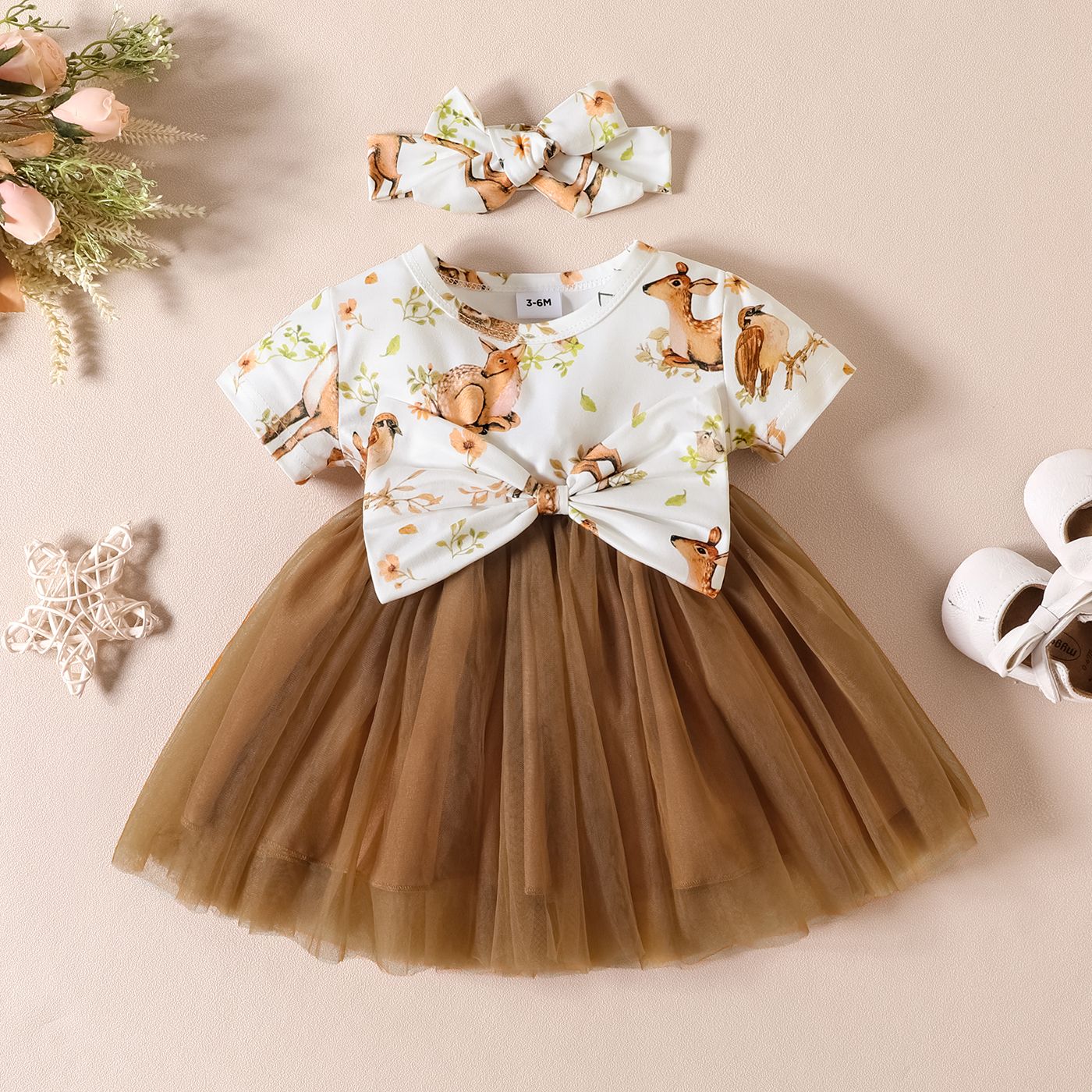 

2pcs Baby Girl Animal Print Bow Front Combo Mesh Fairy Dress with Headband