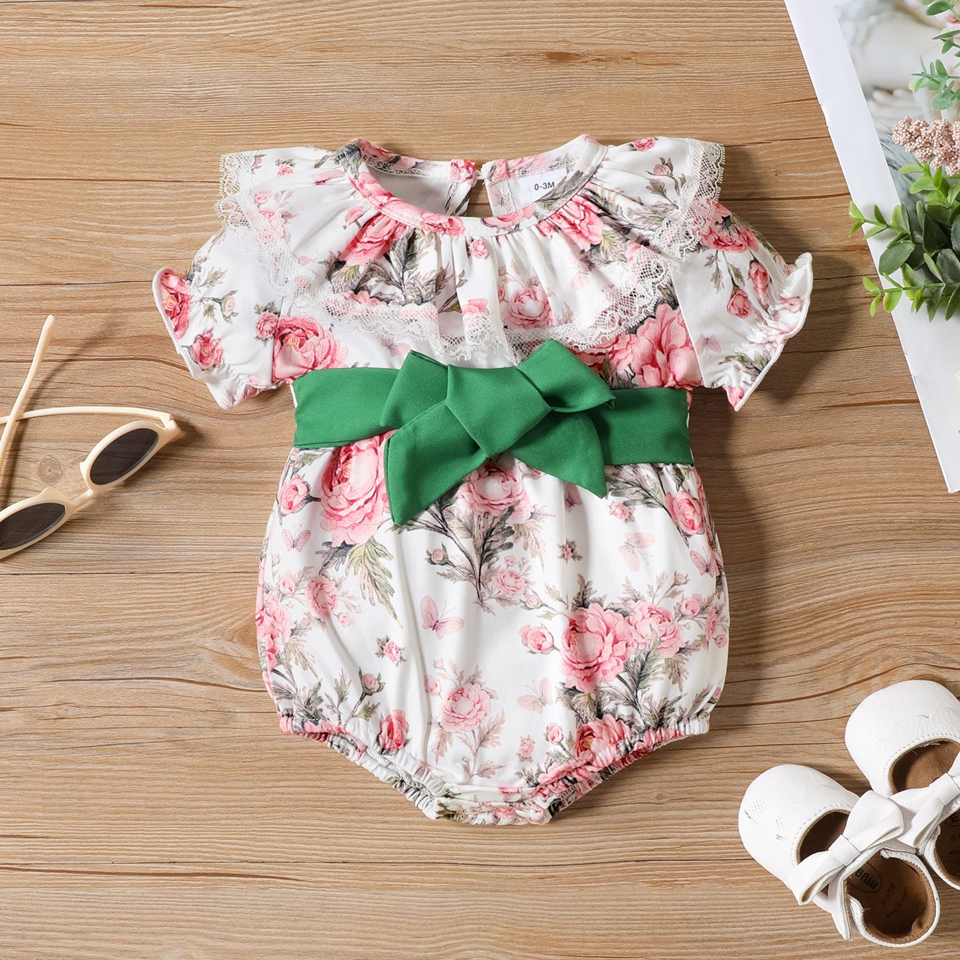 Baby Girl Allover Floral Print Bow Decor Belted Ruffle Romper