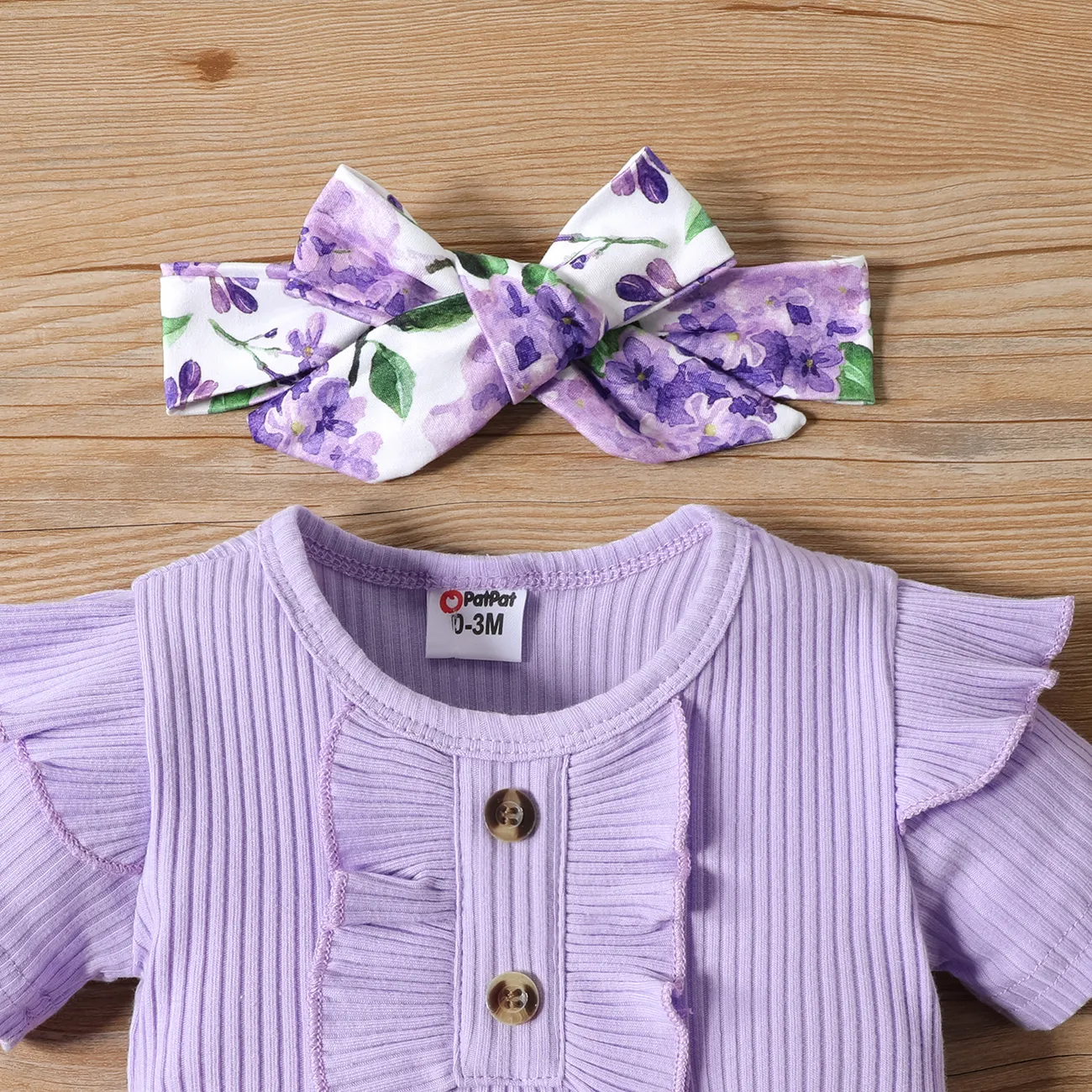 3pcs Baby Girl 95% Cotton Purple Ruffled Short-sleeve Rib-knit Romper & Floral Print Shorts & Headband Set Purple big image 1