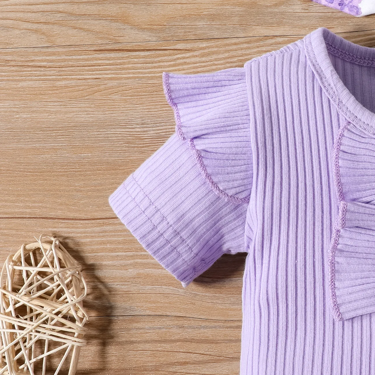 3pcs Baby Girl 95% Cotton Purple Ruffled Short-sleeve Rib-knit Romper & Floral Print Shorts & Headband Set Purple big image 1