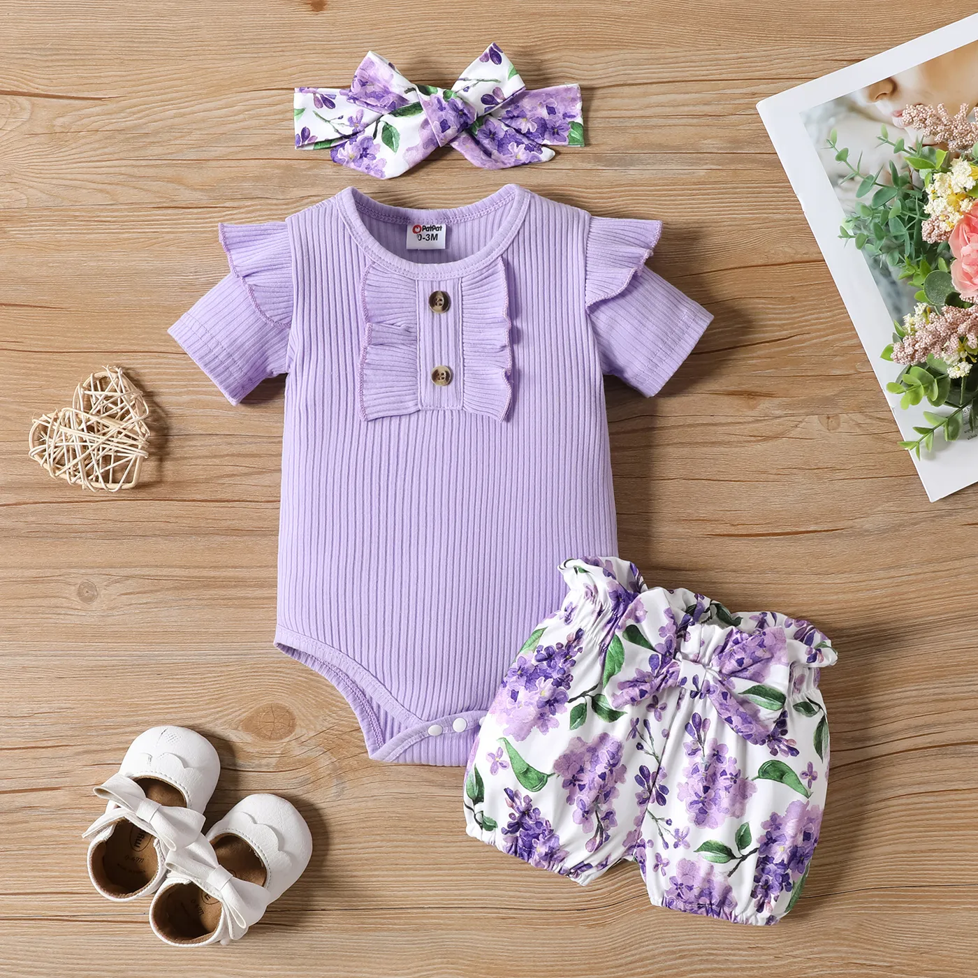 3pcs Baby Girl 95% Cotton Purple Ruffled Short-sleeve Rib-knit Romper & Floral Print Shorts & Headba