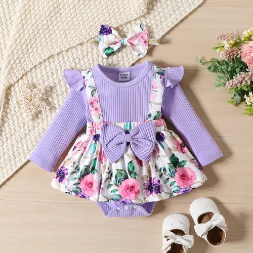 2pcs Baby Girl 95% Cotton Floral Print Long-sleeve Combo Bodysuit Dress and Headband Set 