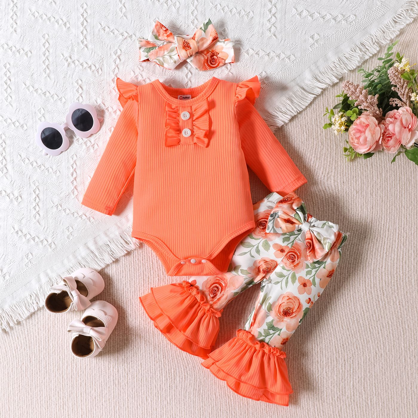 

3pcs Baby Girl Ruffled Rib-knit Onesies & Floral Print Flared Pants & Headband Set