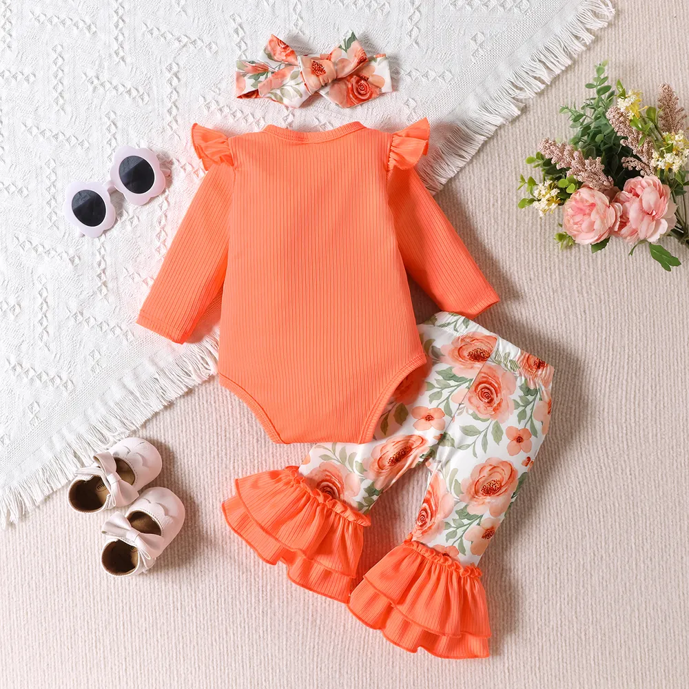 3pcs Baby Girl Ruffled Rib-knit Onesies & Floral Print Flared Pants & Headband Set big image 2