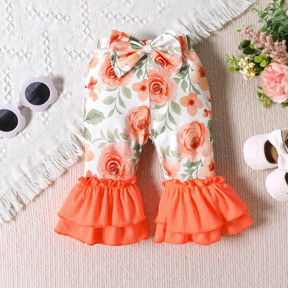 3pcs Baby Girl Ruffled Rib-knit Onesies & Floral Print Flared Pants & Headband Set big image 4