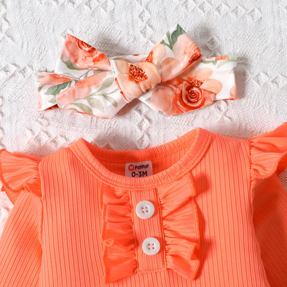 3pcs Baby Girl Ruffled Rib-knit Onesies & Floral Print Flared Pants & Headband Set   big image 5