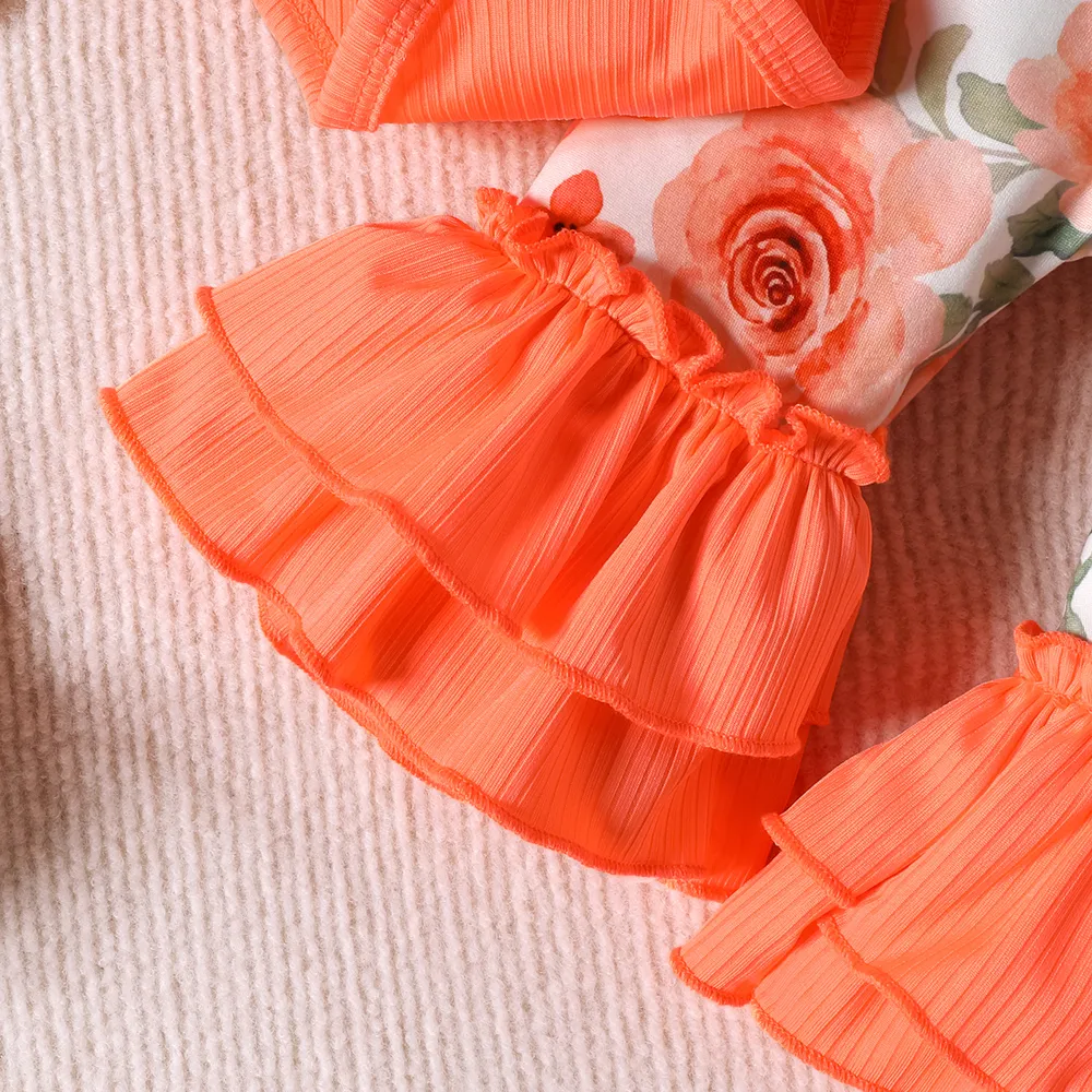 3pcs Baby Girl Ruffled Rib-knit Onesies & Floral Print Flared Pants & Headband Set big image 6