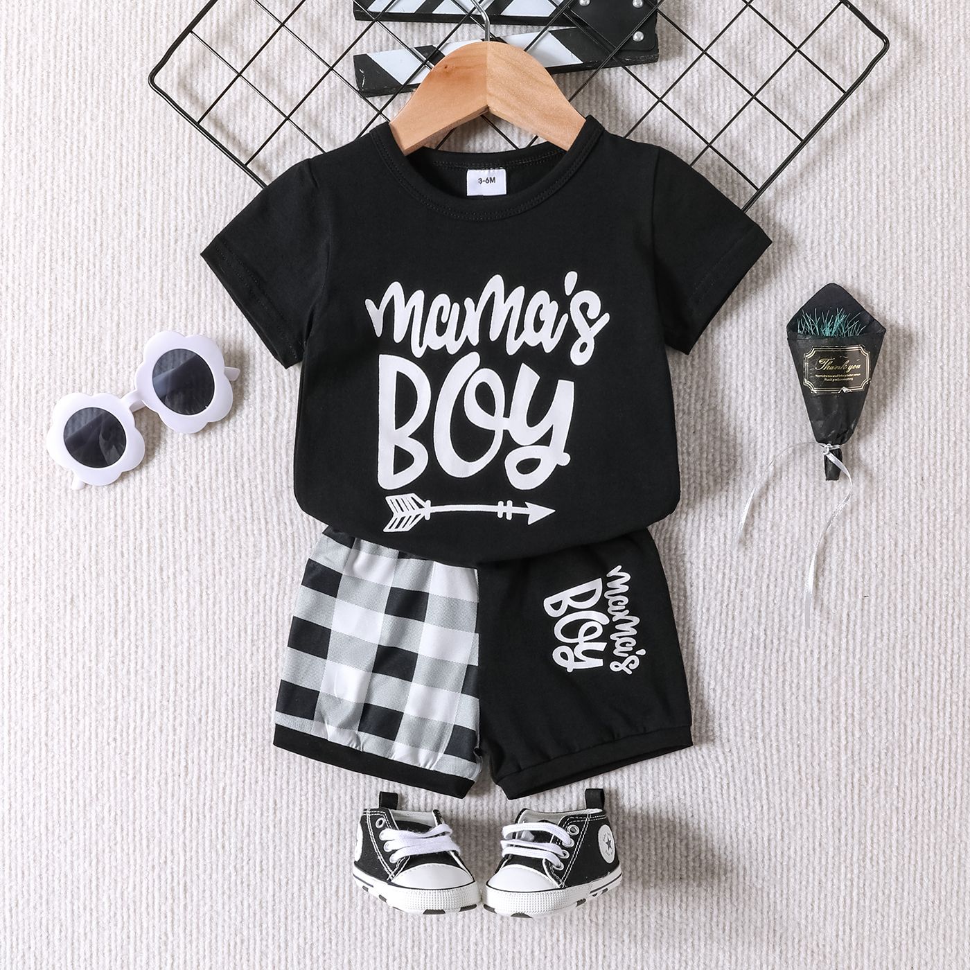 2pcs Baby Boy 95% Cotton Letters Print Short-sleeve Tee And Plaid Shorts Set