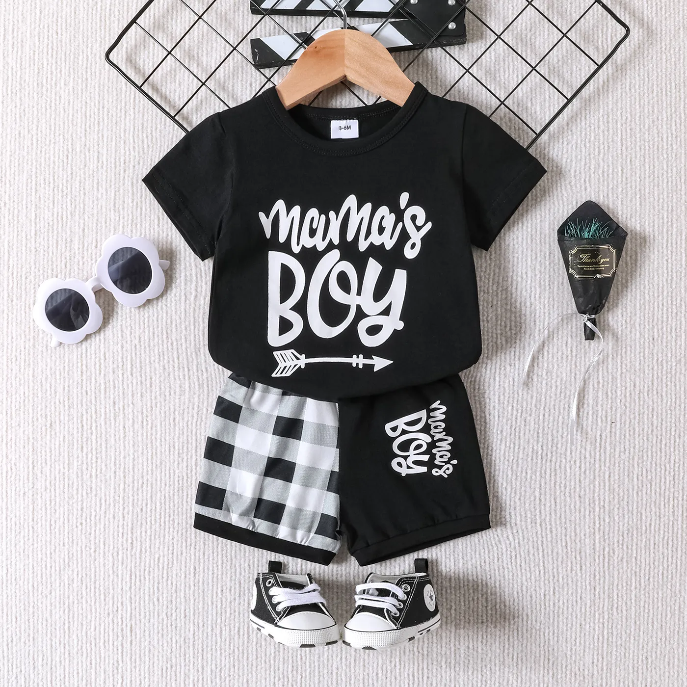 2pcs Baby Boy 95% Cotton Letters Print Short-sleeve Tee and Plaid Shorts Set  big image 1