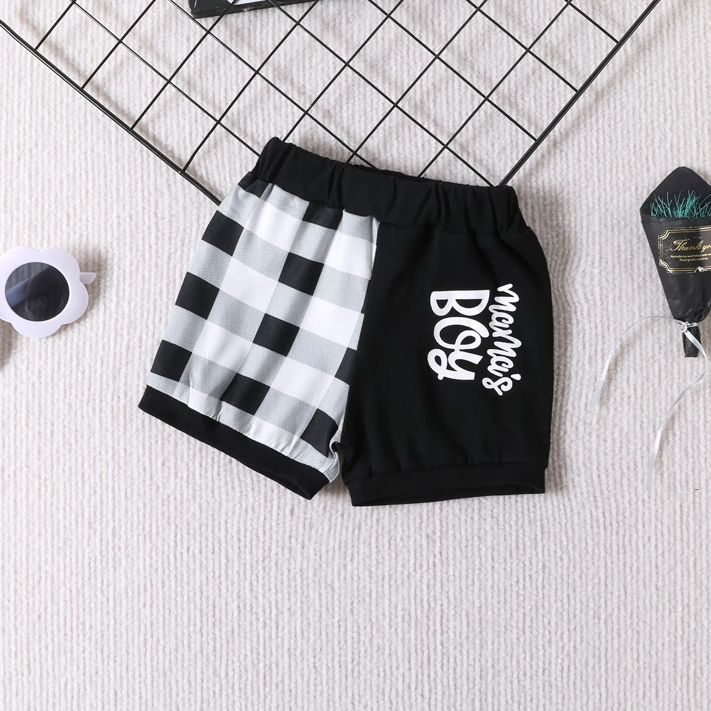 2pcs Baby Boy 95% Cotton Letters Print Short-sleeve Tee and Plaid Shorts Set  image 4