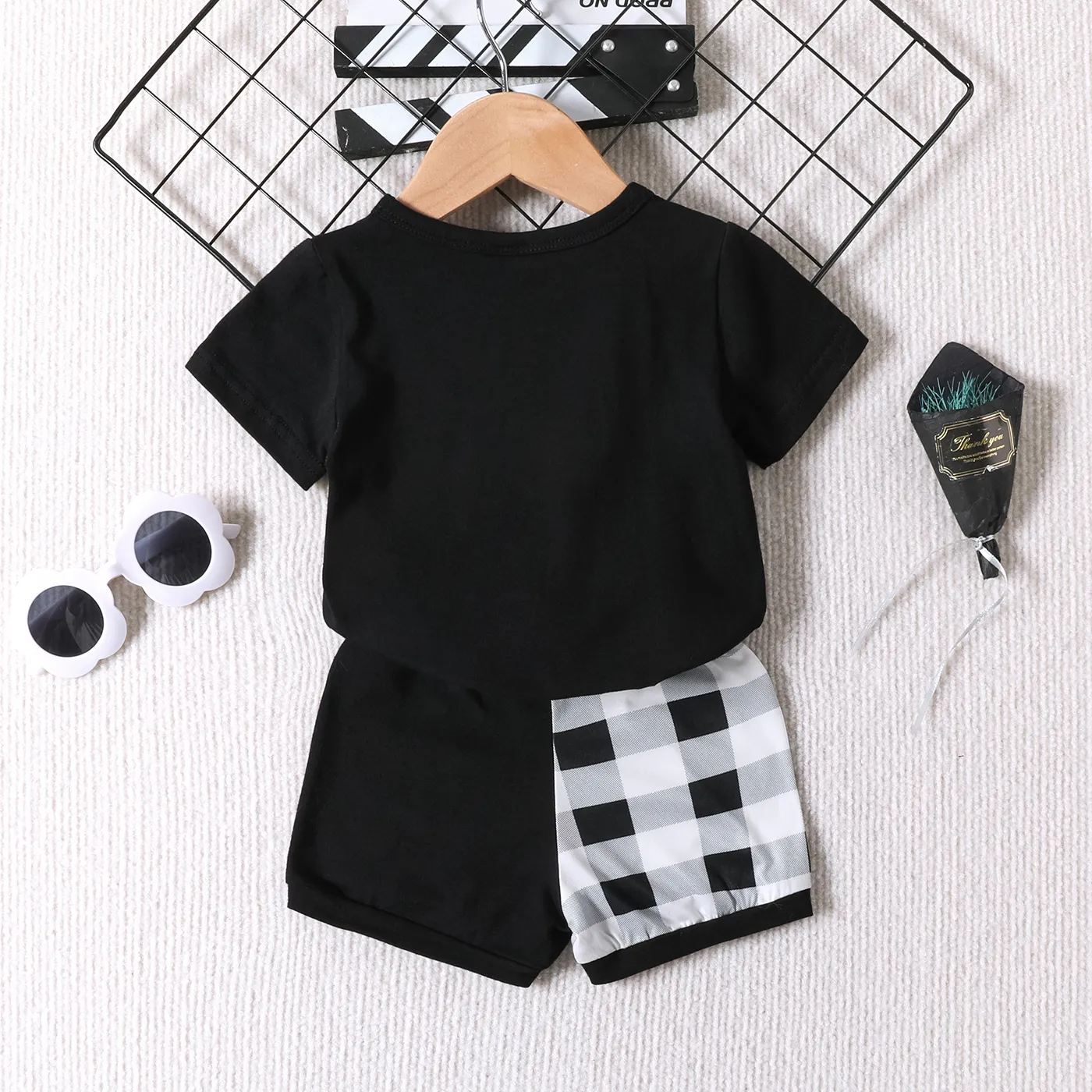 2pcs Baby Boy 95% Cotton Letters Print Short-sleeve Tee and Plaid Shorts Set  image 2