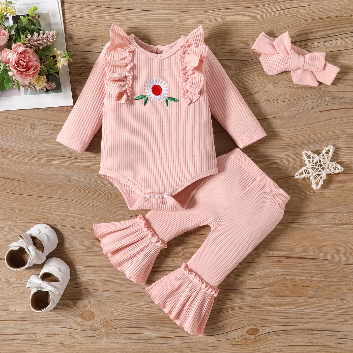3pcs Baby Girl 95% Cotton Floral Embroidery Ribbed Ruffle Long-sleeve Romper And Solid Flared Pants & Headband Set