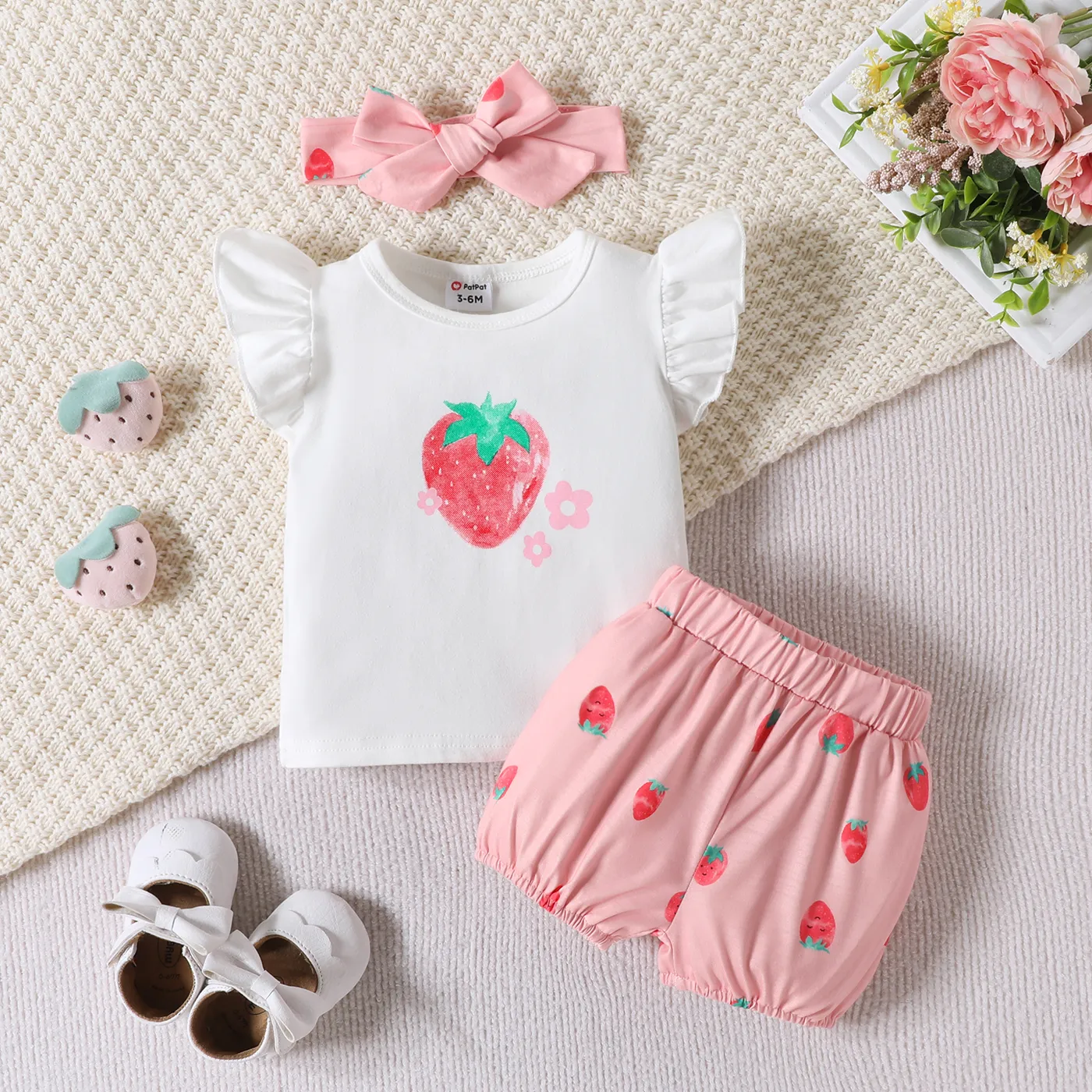 3pcs Baby Girl 95% Cotton Strawberry Pattern Ruffle Top and Shorts & Headband Set Pink big image 1