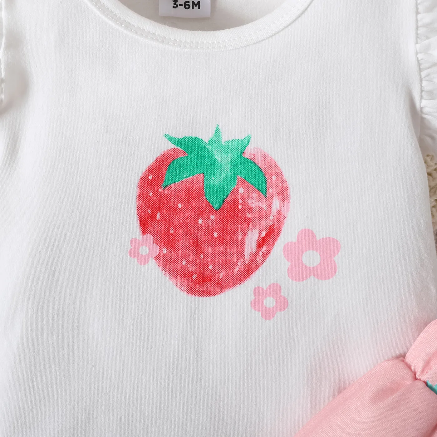 3pcs Baby Girl 95% Cotton Strawberry Pattern Ruffle Top and Shorts & Headband Set Pink image 6