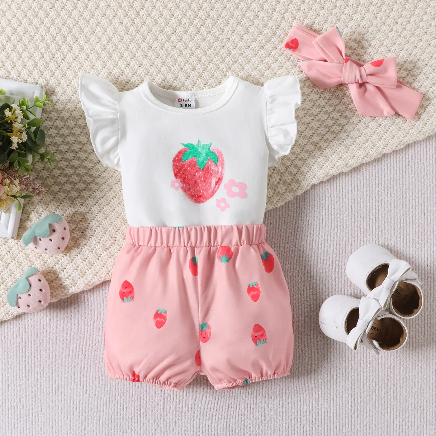 3pcs Baby Girl 95% Cotton Strawberry Pattern Ruffle Top and Shorts & Headband Set Pink image 3