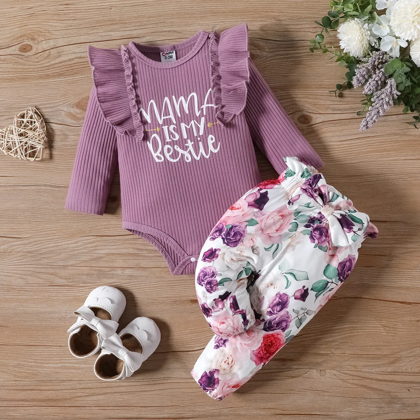 2pcs Baby Girl Letters Print Ruffle Long-sleeve Romper and Allover Floral Print Bow Decor Pants Set  image 1