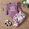 2pcs Baby Girl Letters Print Ruffle Long-sleeve Romper and Allover Floral Print Bow Decor Pants Set  image 1