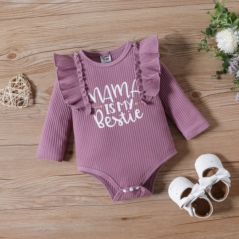 2pcs Baby Girl Letters Print Ruffle Long-sleeve Romper and Allover Floral Print Bow Decor Pants Set big image 3