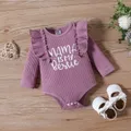 2pcs Baby Girl Letters Print Ruffle Long-sleeve Romper and Allover Floral Print Bow Decor Pants Set  image 3