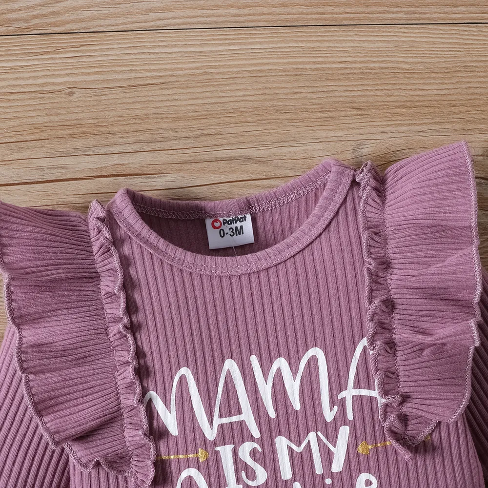 2pcs Baby Girl Letters Print Ruffle Long-sleeve Romper and Allover Floral Print Bow Decor Pants Set big image 5