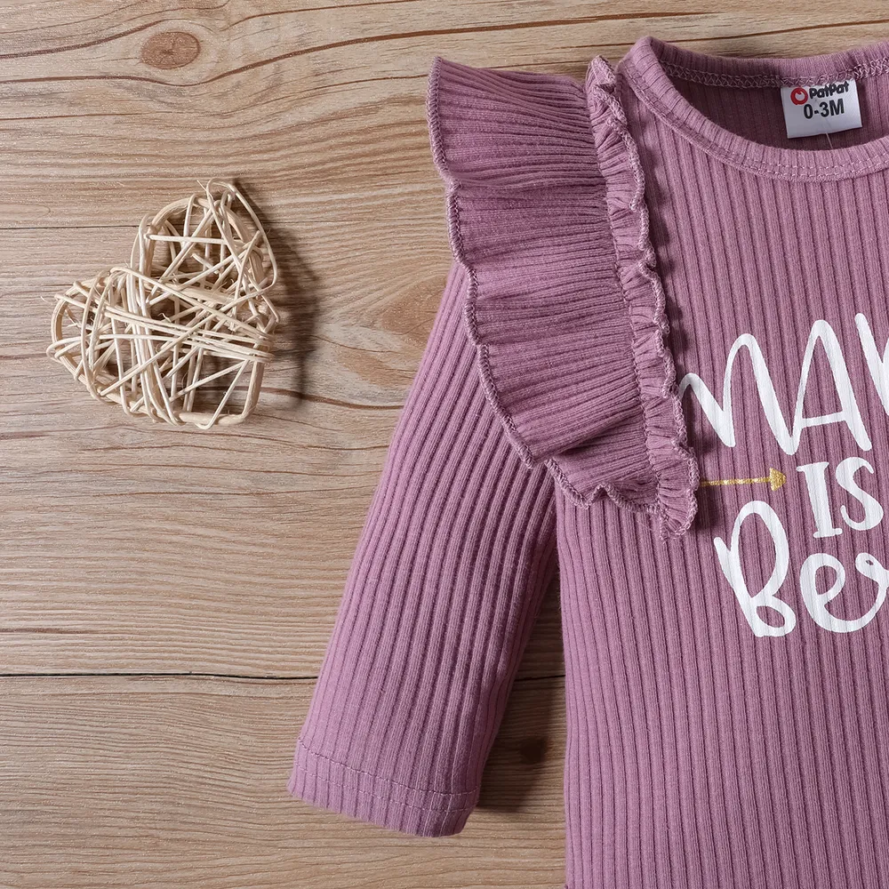 2pcs Baby Girl Letters Print Ruffle Long-sleeve Romper and Allover Floral Print Bow Decor Pants Set big image 6