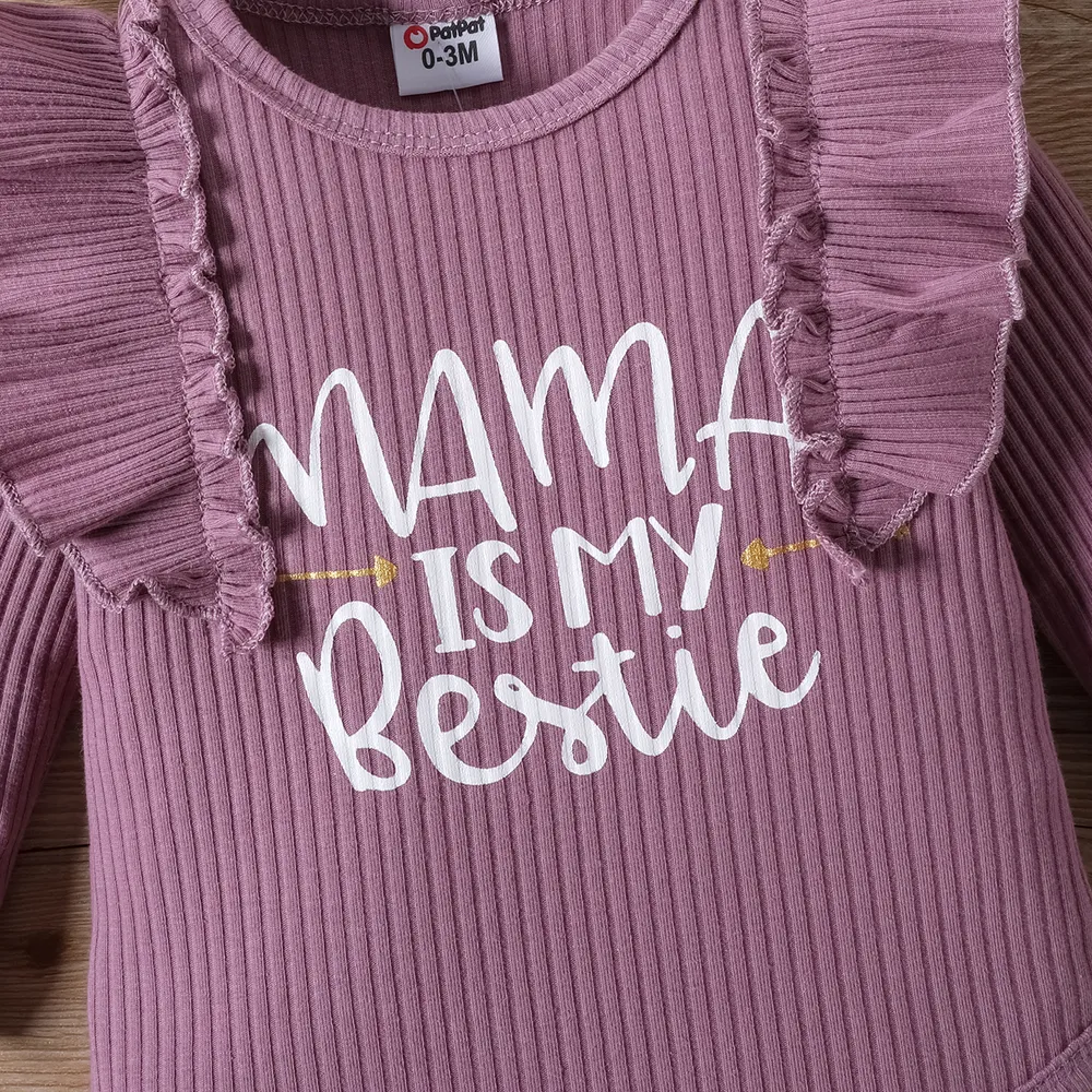 2pcs Baby Girl Letters Print Ruffle Long-sleeve Romper and Allover Floral Print Bow Decor Pants Set big image 7