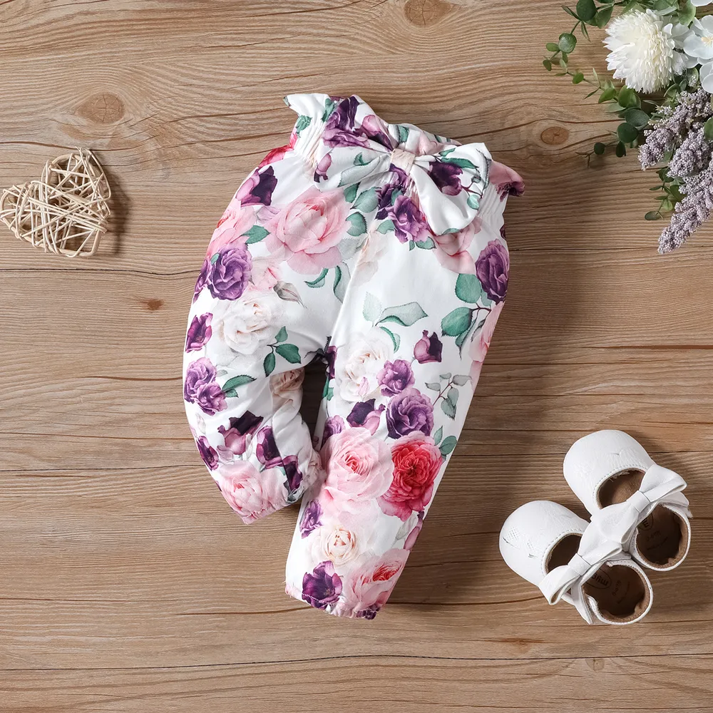 2pcs Baby Girl Letters Print Ruffle Long-sleeve Romper and Allover Floral Print Bow Decor Pants Set big image 4