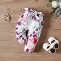 2pcs Baby Girl Letters Print Ruffle Long-sleeve Romper and Allover Floral Print Bow Decor Pants Set  image 4