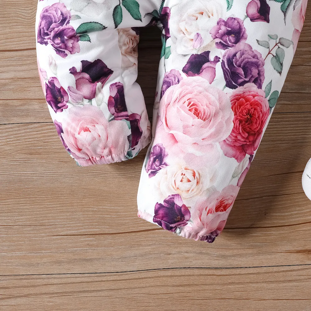 2pcs Baby Girl Letters Print Ruffle Long-sleeve Romper and Allover Floral Print Bow Decor Pants Set big image 10