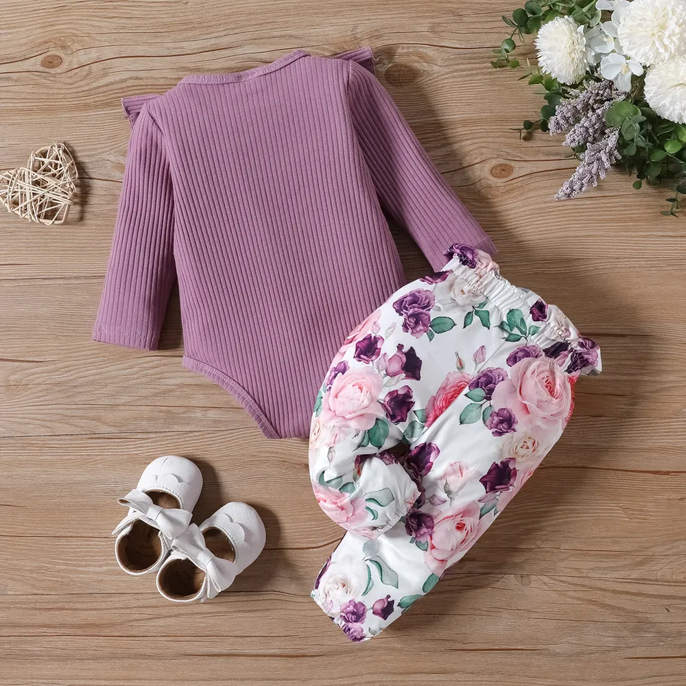 2pcs Baby Girl Letters Print Ruffle Long-sleeve Romper and Allover Floral Print Bow Decor Pants Set big image 2