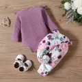 2pcs Baby Girl Letters Print Ruffle Long-sleeve Romper and Allover Floral Print Bow Decor Pants Set  image 2