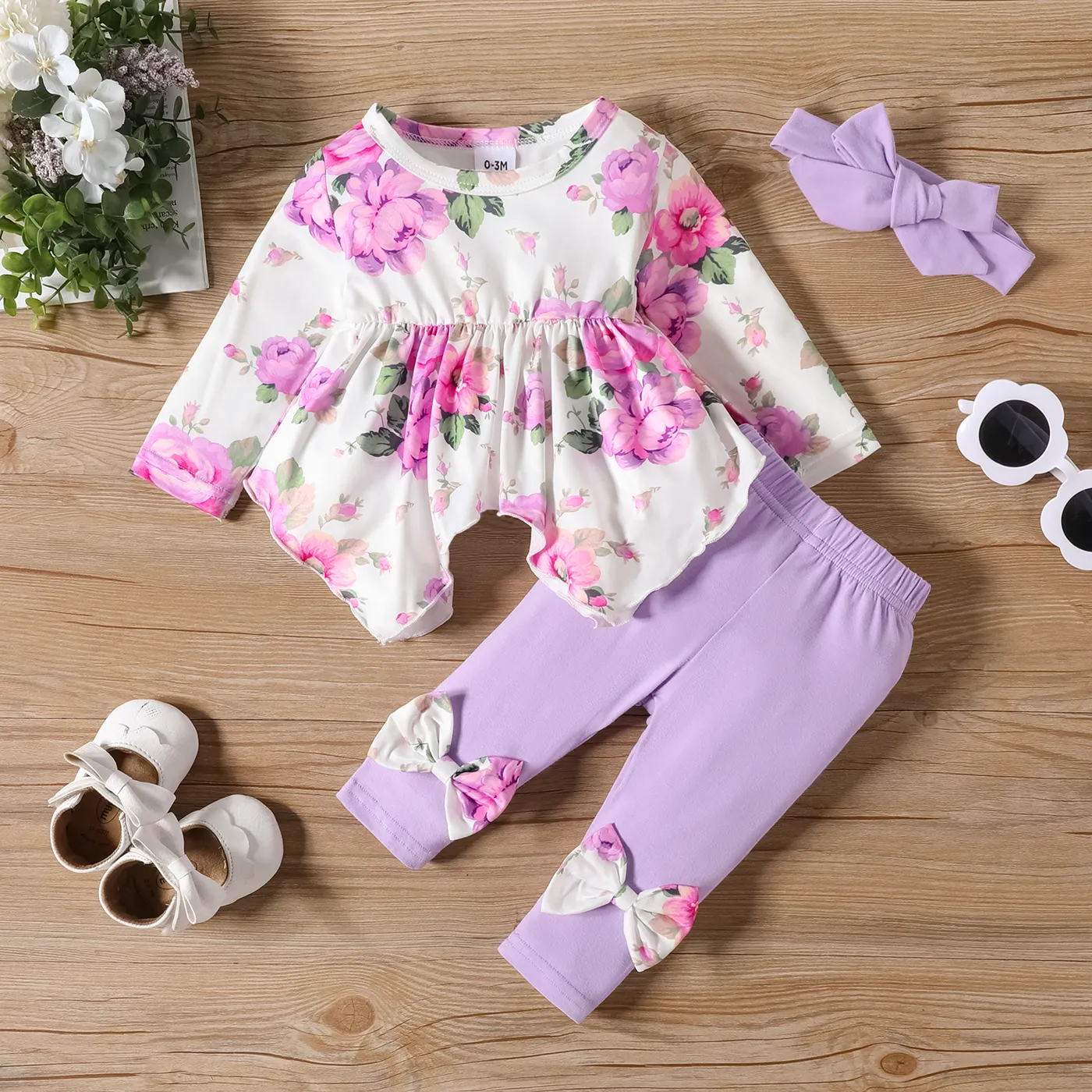 3pcs Baby Girl Allover Floral Print Ruffle Long-sleeve Romper And 95% Cotton Bow Decor Pants & Headband Set