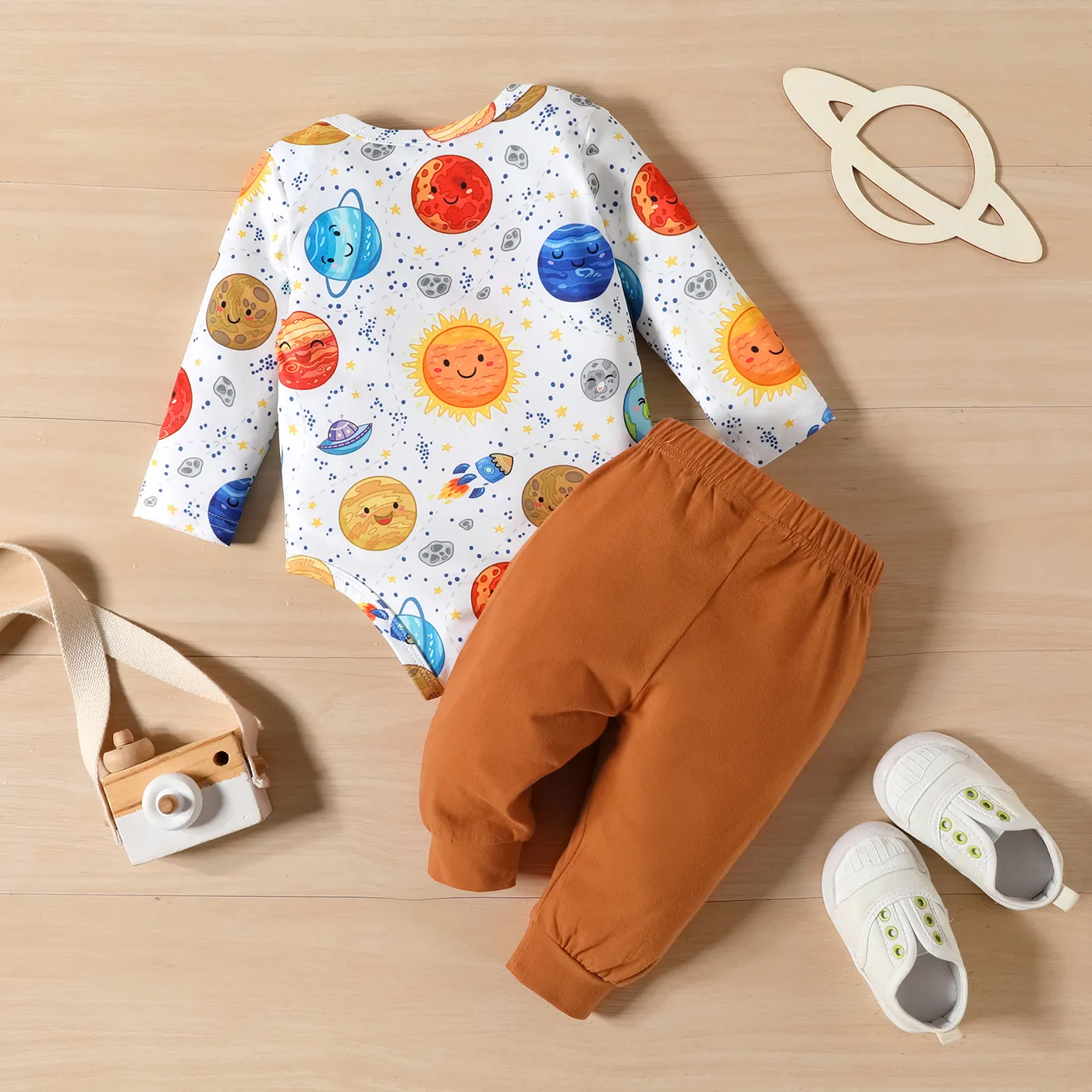 2pcs Baby Boy Space Print Long-sleeve Onesies and 95% Cotton Pants Set  YellowBrown image 2