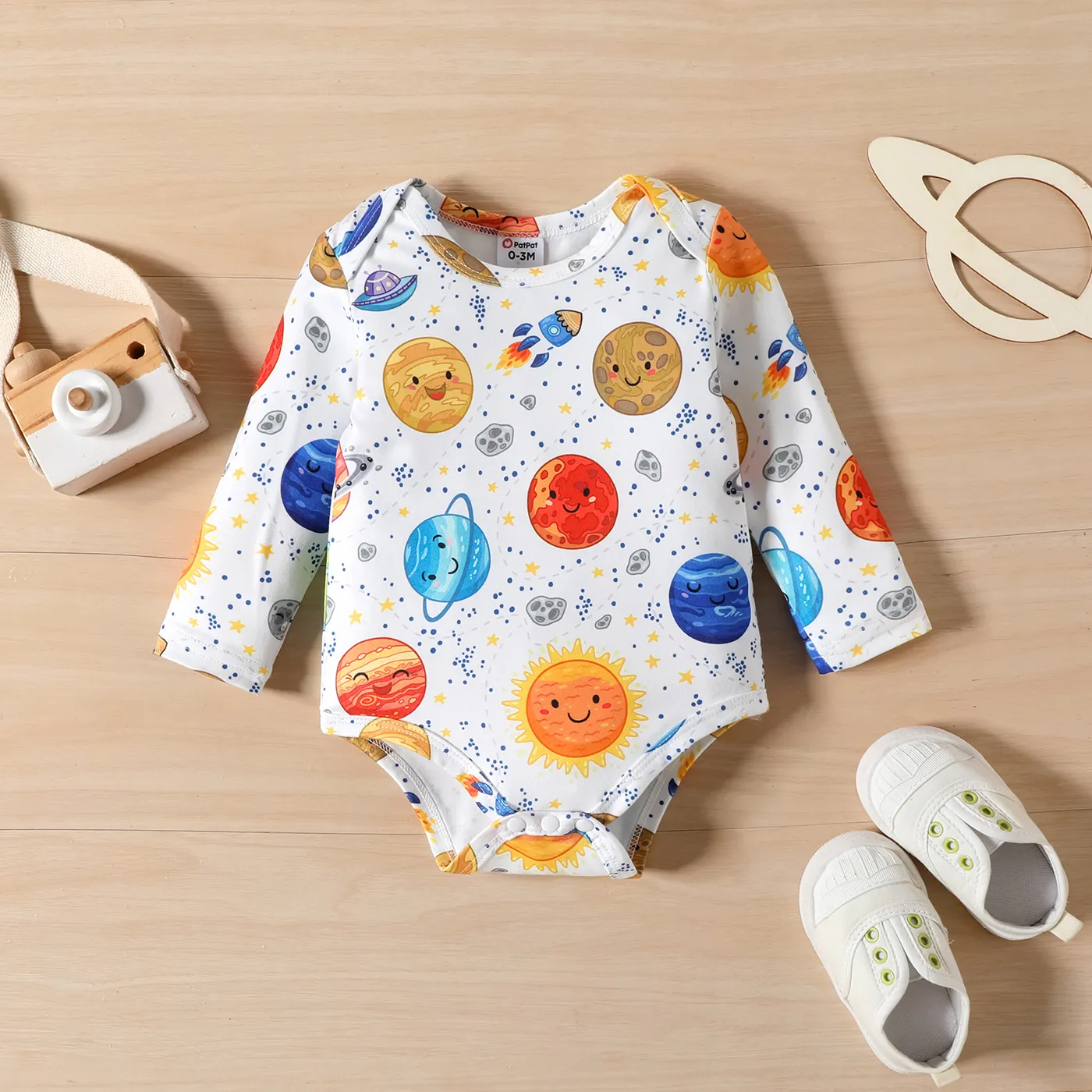 2pcs Baby Boy Space Print Long-sleeve Onesies and 95% Cotton Pants Set  YellowBrown image 3