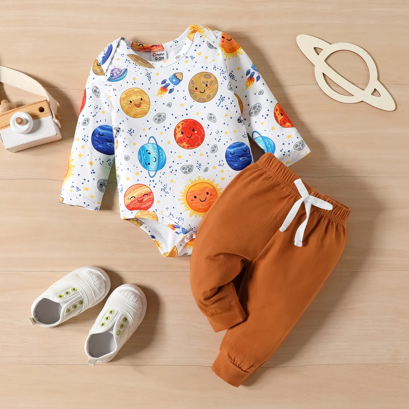 2pcs Baby Boy Space Print Long-sleeve Onesies and 95% Cotton Pants Set  YellowBrown big image 1